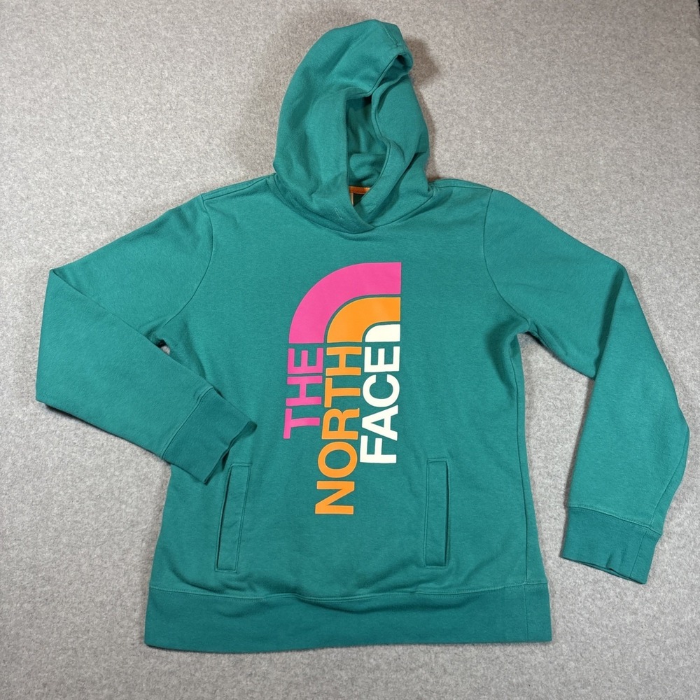 North Face Hoodie Womens Medium Green Logo Front Hooded Pullover No Drawstrings